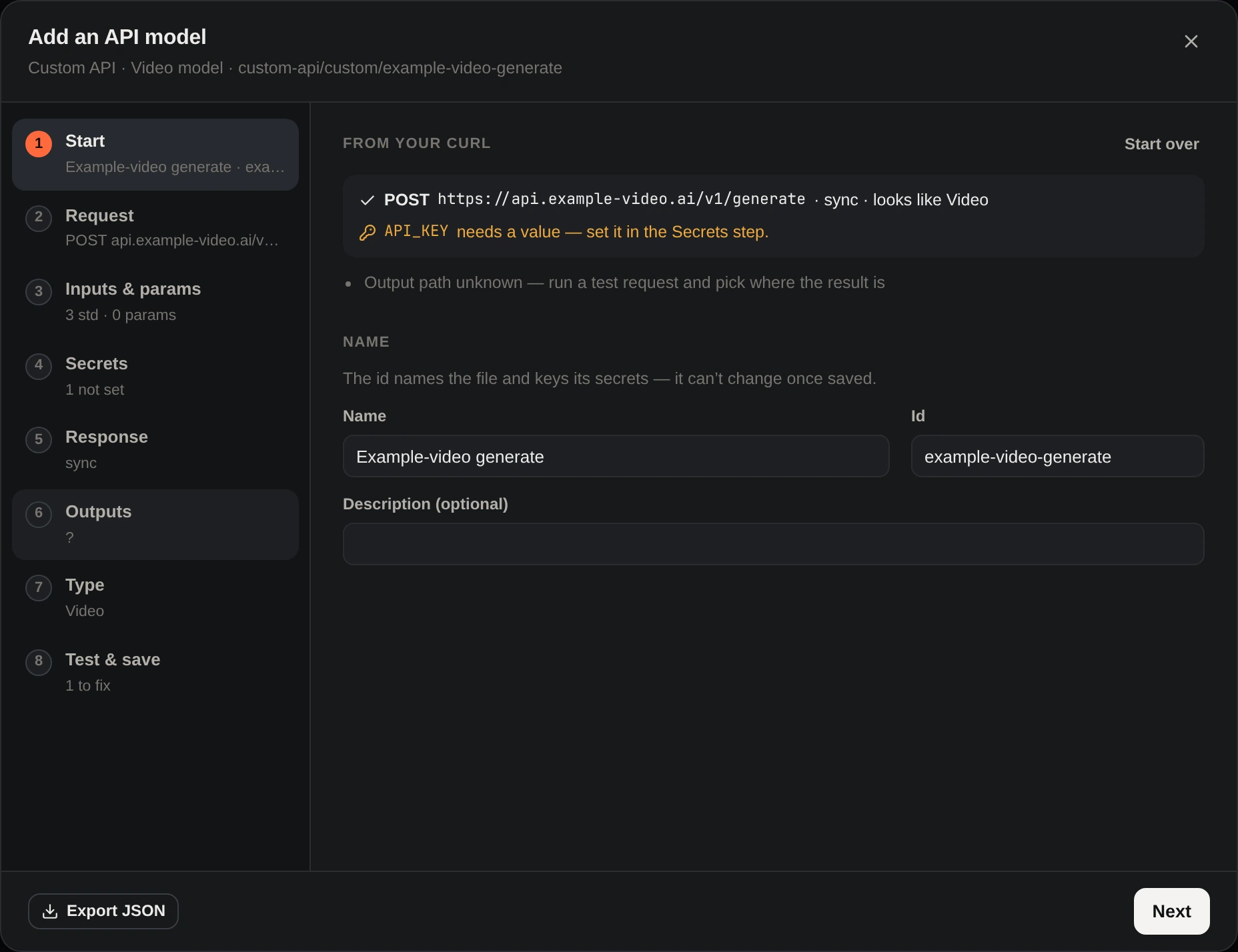 Adding an API model from a curl command: POST request detected as a video model, the API key marked as a secret to set.