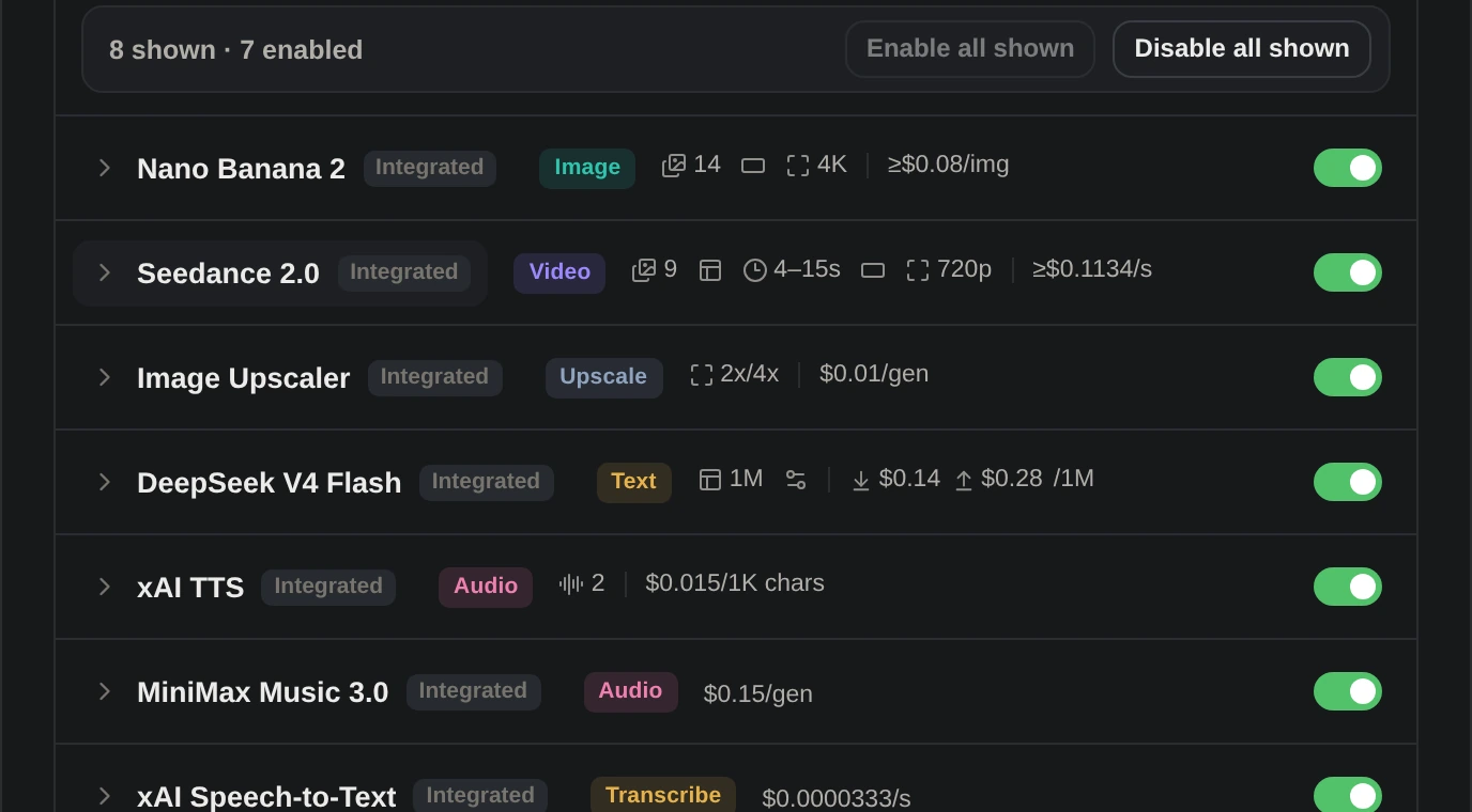 AtlasCloud models with their prices: Nano Banana 2, Seedance 2.0, an image upscaler, DeepSeek V4 Flash, xAI TTS, MiniMax Music 3.0.