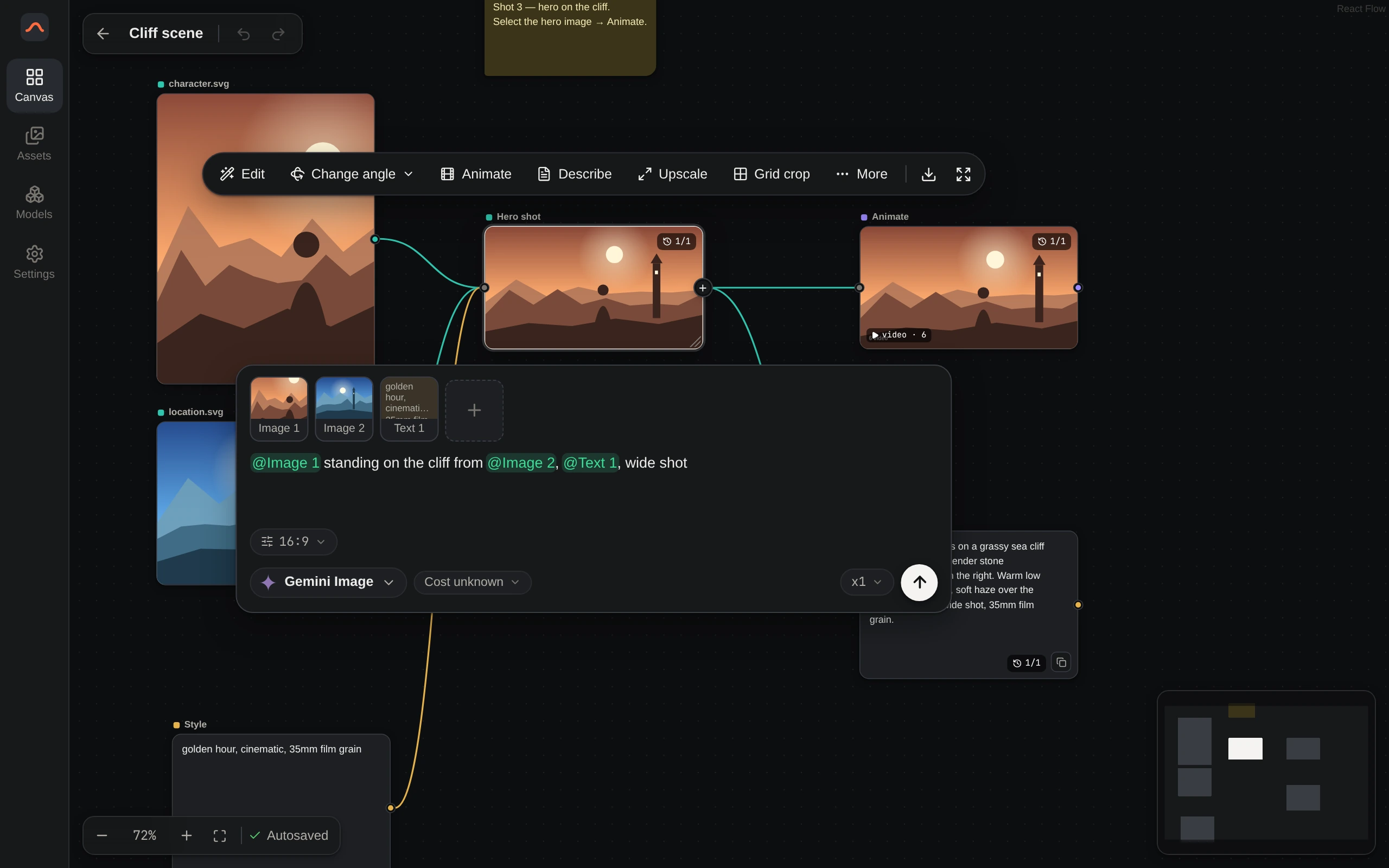 The RikuFlow canvas: two reference images and a style note wired into an image node whose prompt mentions @Image 1, @Image 2 and @Text 1; the result feeds a video node and a text description.