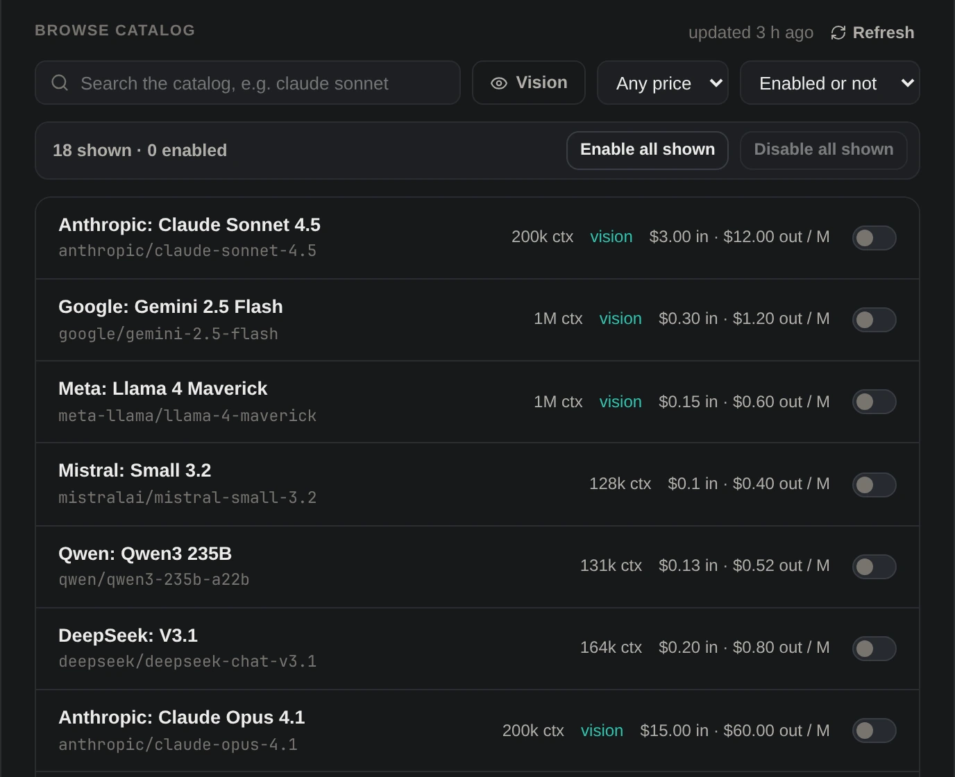 The OpenRouter catalog with context sizes and per-million-token prices for Claude, Gemini, Llama, Mistral, Qwen and DeepSeek.