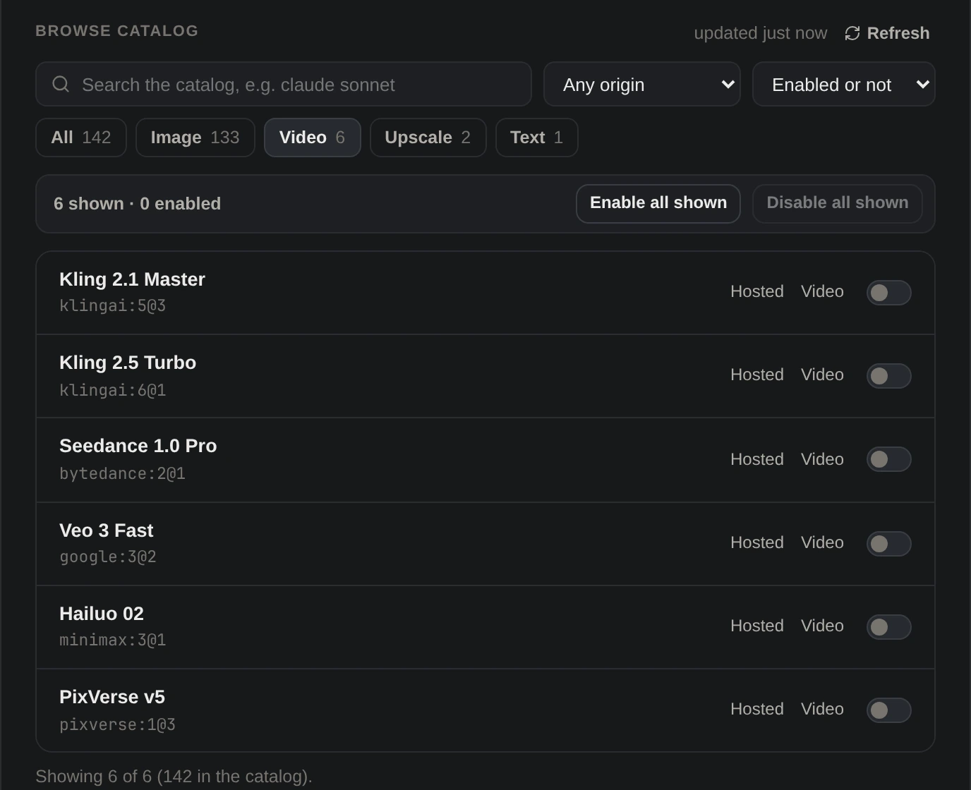 The Runware catalog filtered to video: Kling 2.1 Master, Kling 2.5 Turbo, Seedance 1.0 Pro, Veo 3 Fast, Hailuo 02, PixVerse v5.