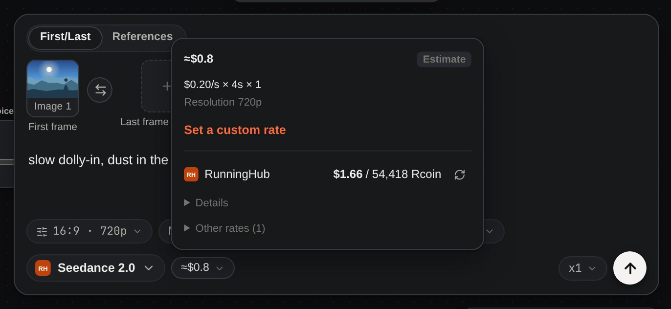 RunningHub video cost estimate and account balances shown on the canvas.
