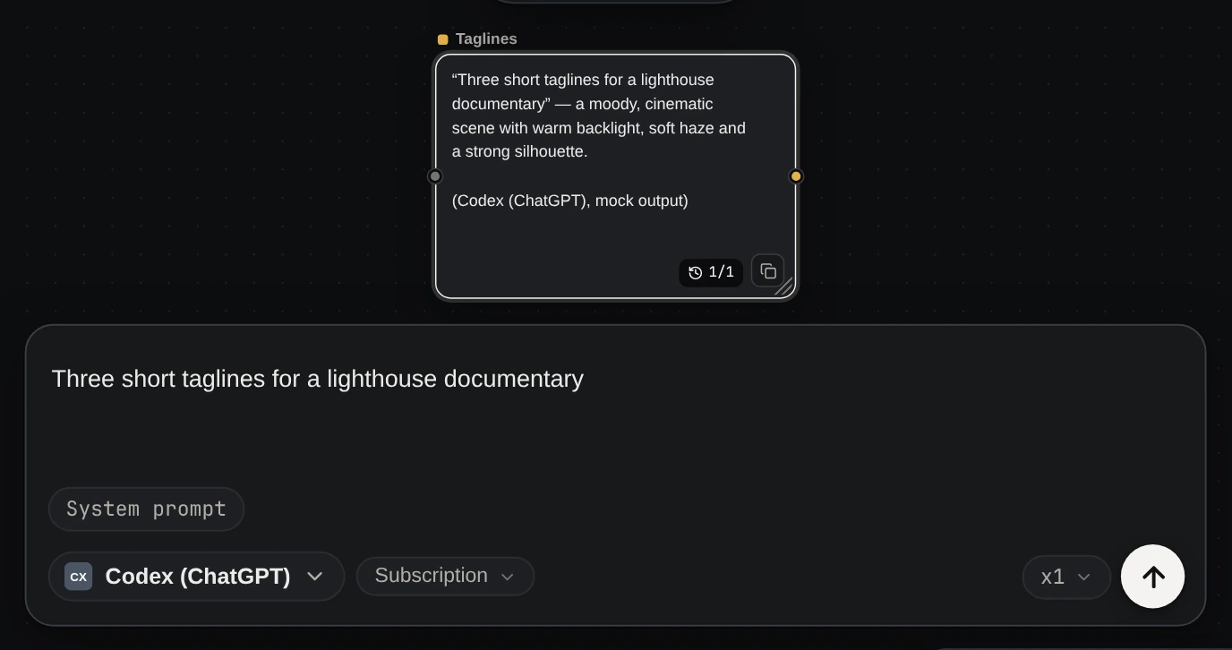 A text node using Codex (ChatGPT) to write taglines; cost shown as Subscription.