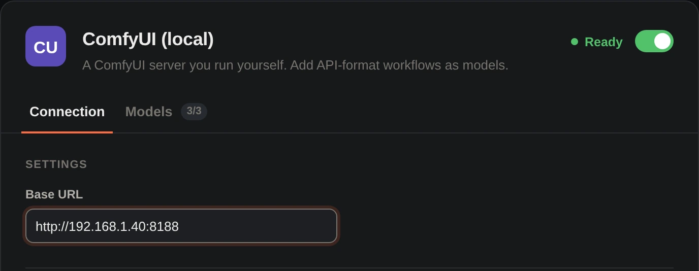 ComfyUI connection settings with the base URL set to a server on the local network.