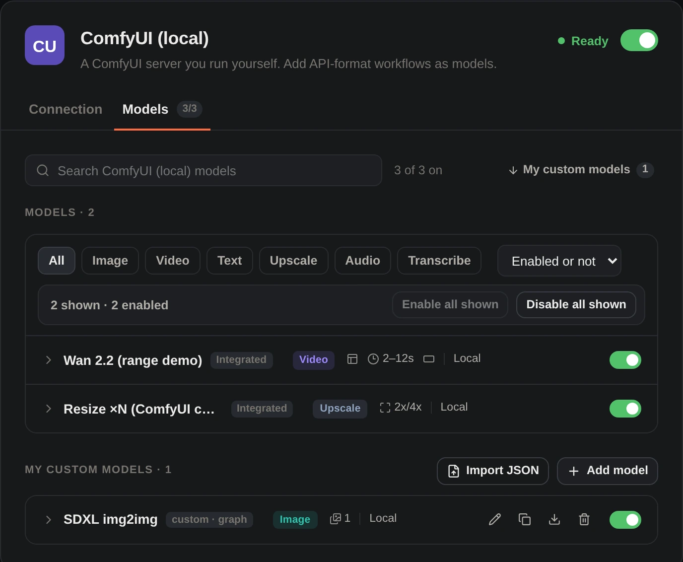 ComfyUI models in RikuFlow: Wan 2.2 video and a resize upscaler running locally, plus a custom SDXL img2img workflow.
