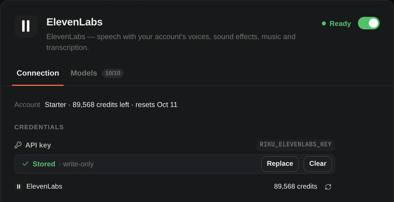 ElevenLabs connection: Starter plan, 89,568 credits left, resets Oct 11.