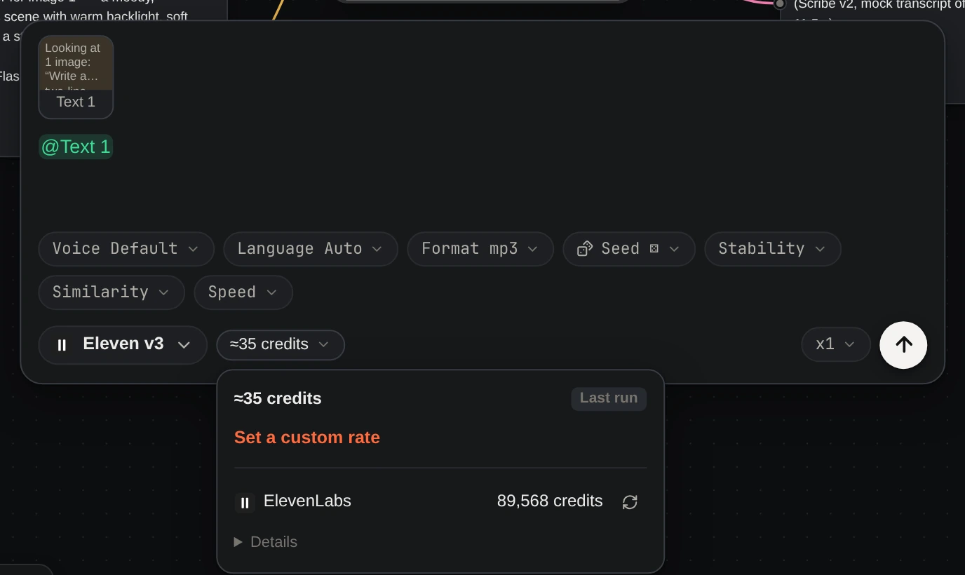 A speech node with Eleven v3: the last run cost about 35 credits; 89,568 credits left.