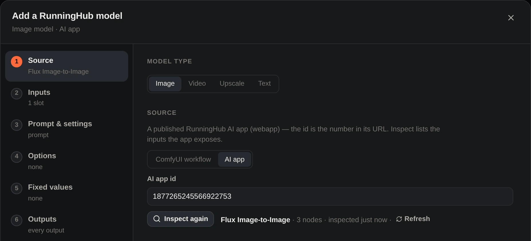Adding a RunningHub AI app as a model: the app id is inspected and found as “Flux Image-to-Image”.
