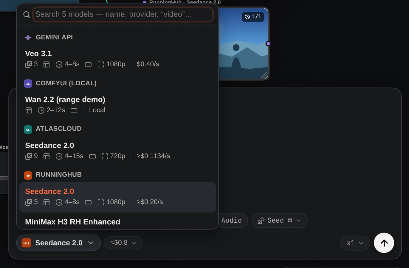 The model picker on a video node: Veo 3.1, Wan 2.2 on local ComfyUI, Seedance 2.0 on AtlasCloud and on RunningHub, MiniMax H3, each with its rate.